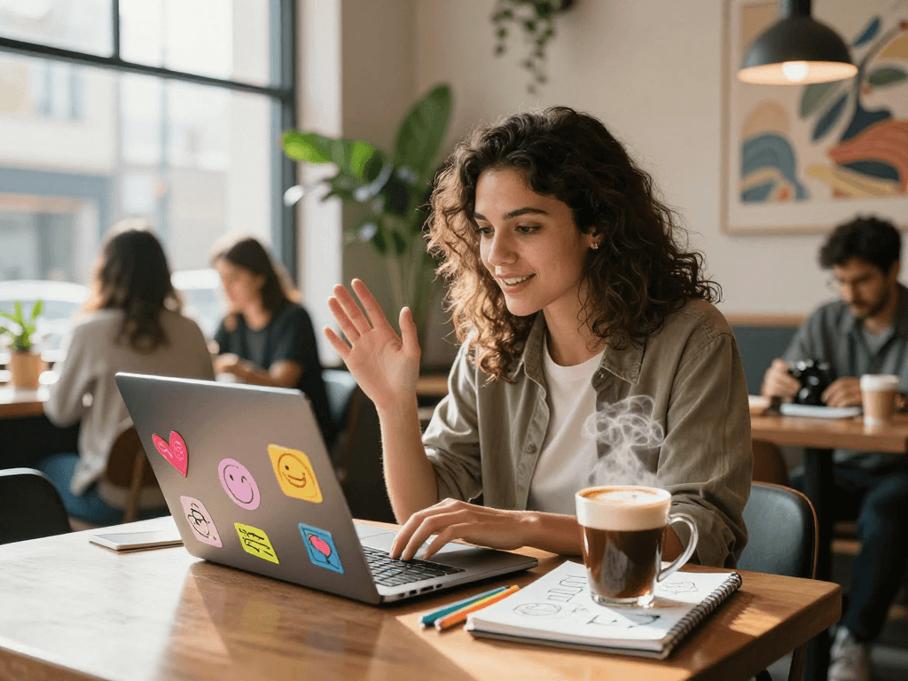 Young woman enjoying spicy chat ai in a cozy coffee shop during a video call, with vibrant decor and brainstorming notes.