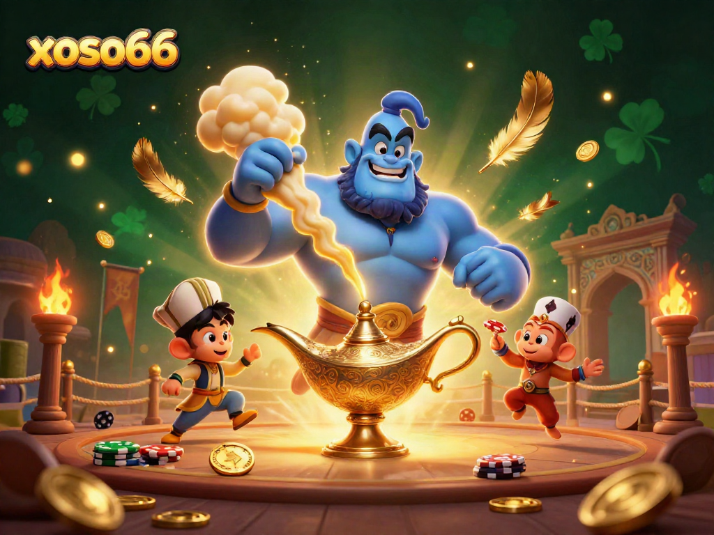 xoso66 engages with a vibrant 3D casino scene featuring a genie and poker elements.
