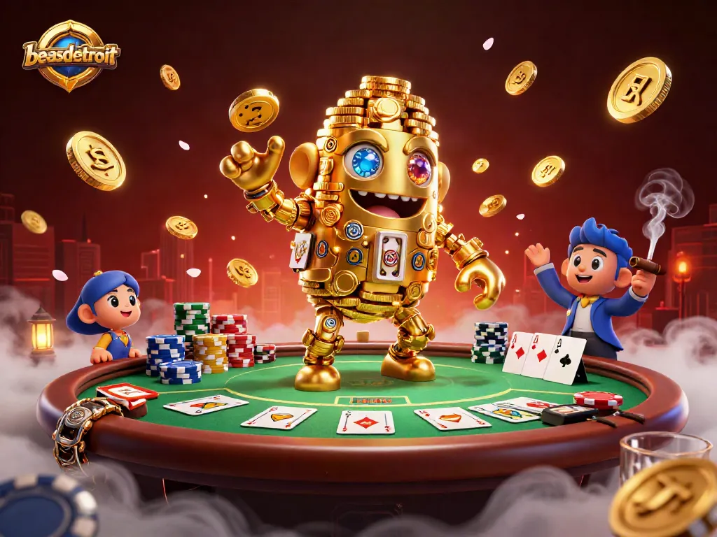 Win big with beasdetroit in this vibrant poker scene showcasing an ancient golden golem and casino elements.