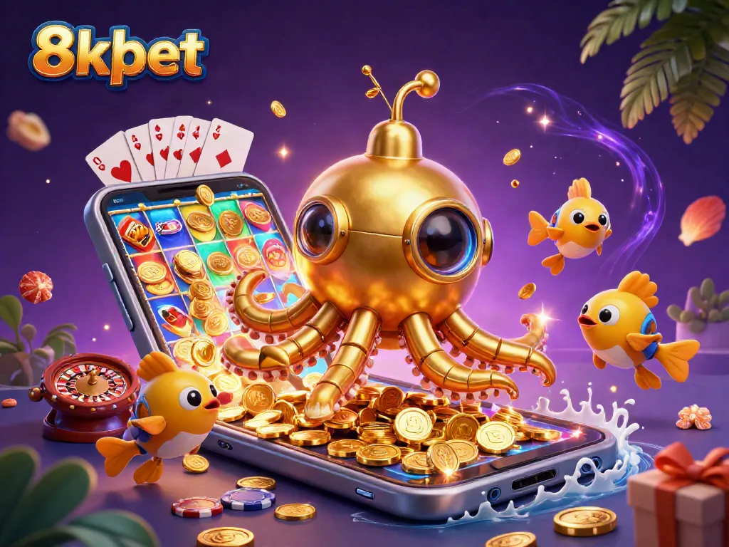 Experience exciting slots and games with 8xbet's 3D kraken submarine illustration while winning coins.