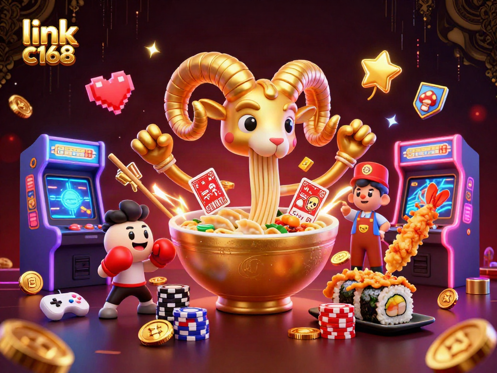 Experience thrilling gameplay with link c168 featuring a giant ramen bowl character stacking chips and dealing cards.