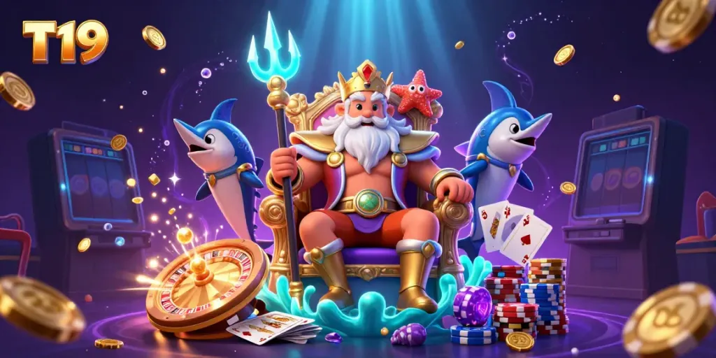 Engage in epic T19 gaming adventures with sea king Neptune and samurai in a vibrant underwater casino