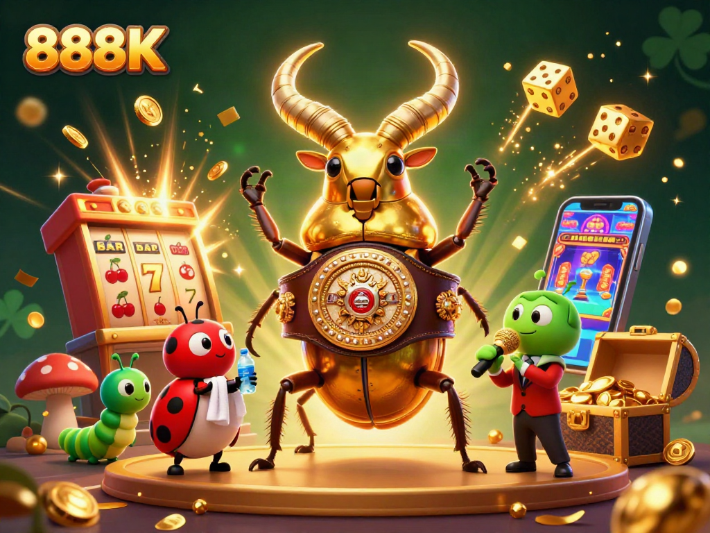 Engage with the vibrant 888K casino illustration featuring dynamic 3D characters amidst cascading gold coins.