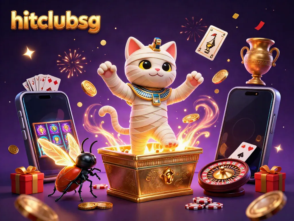 Engage with the mystical world of hitclubsg as a mummy cat emerges from a golden sarcophagus in a vibrant casino