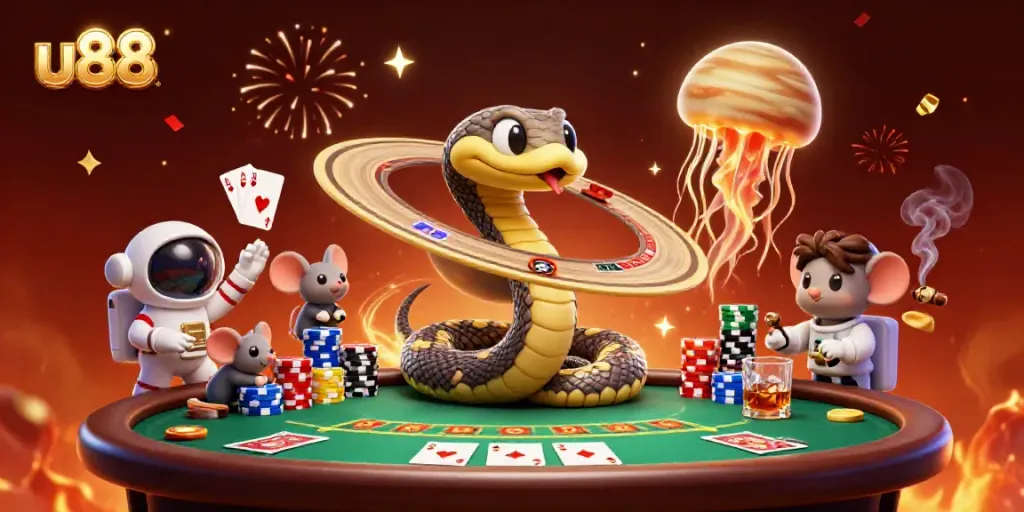 Engage in thrilling gameplay at u88 with a cosmic roulette, charming astronaut mice, and an elegant golden jellyfish dealer.