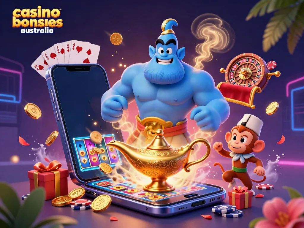 Catching casino bonuses Australia with a vibrant genie and monkey amidst a festive gaming scene