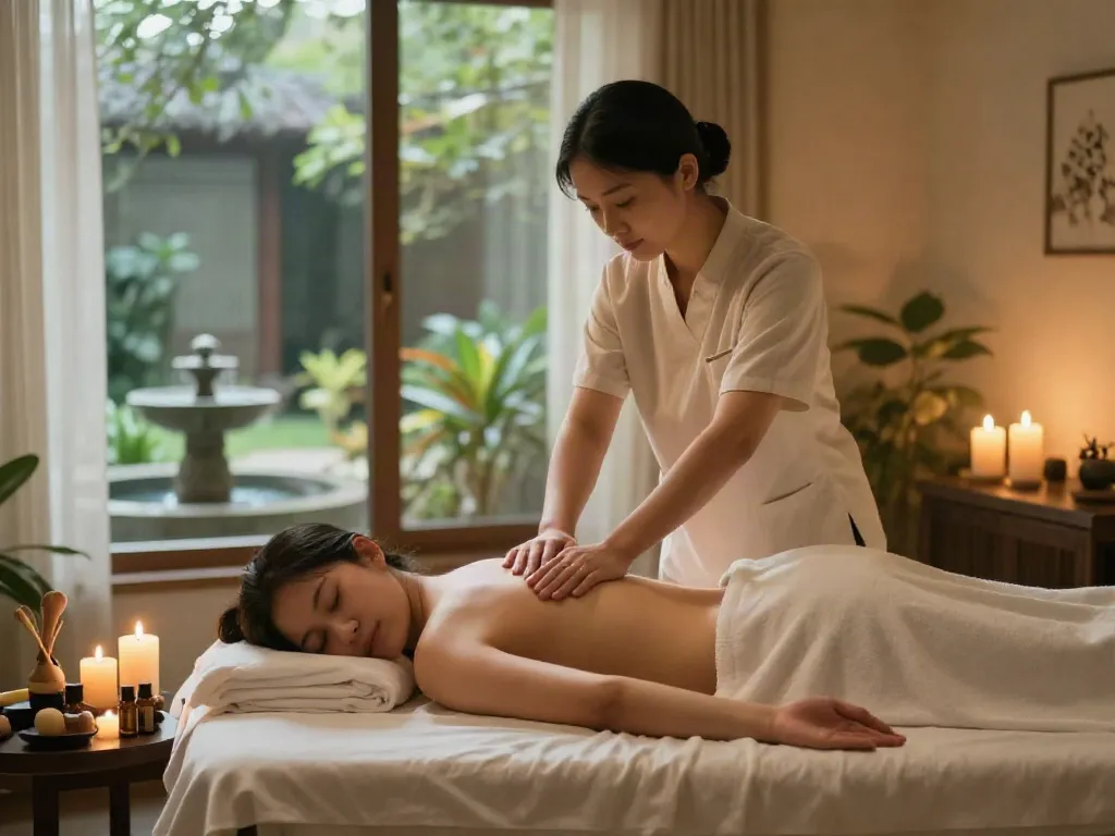 Relaxing 은평구출장마사지 session in a serene spa environment, featuring calming candles, soft linens, and a tranquil atmosphere.