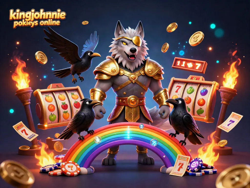 Experience the excitement of kingjohnnie pokies online with a dynamic 3D illustration featuring Odin and ravens.