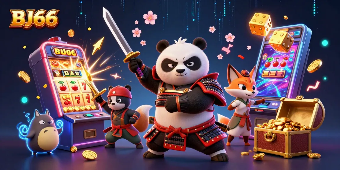 BJ66 showcases a thrilling scene with samurai panda and ninja fox amidst jackpot excitement.