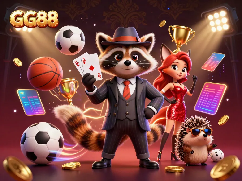 Experience the excitement of GG88 with a raccoon in a suit, fox in a sequined dress, and dynamic sports elements.