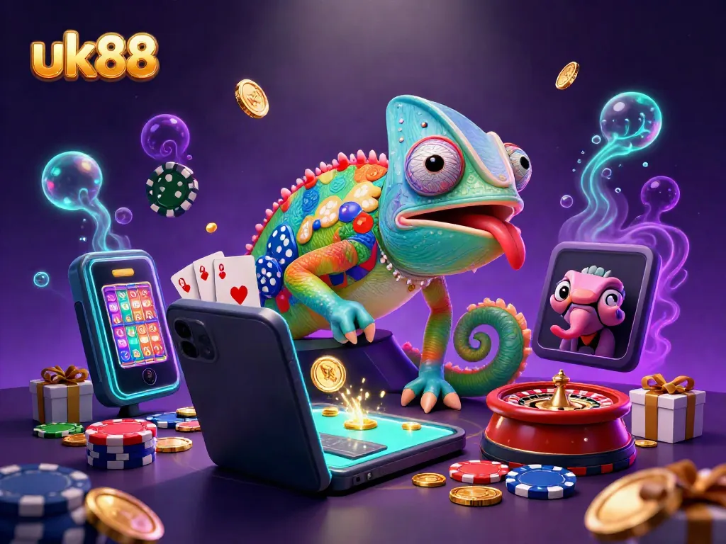 Experience uk88's vibrant online gaming world with a cartoon chameleon casino owner and dynamic gaming elements.