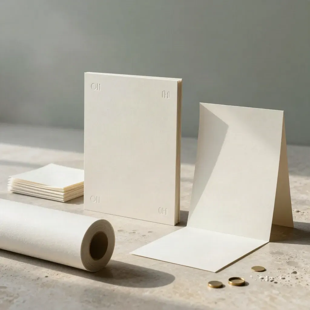 Carte, mockup e tessuti branding su pavimento in pietra, luce del mattino.