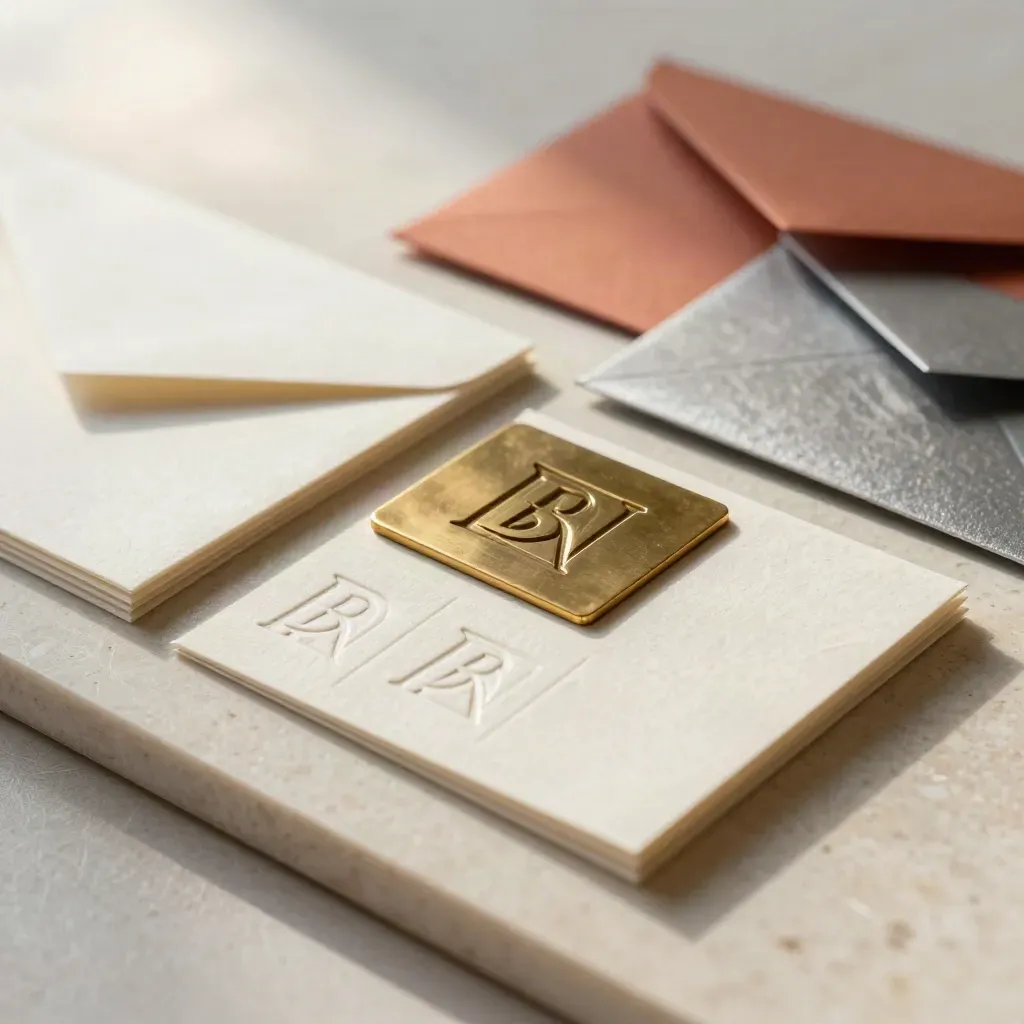 Set logo premium su pietra chiara con tessere in bassorilievo, carte cotone e buste sigillate.