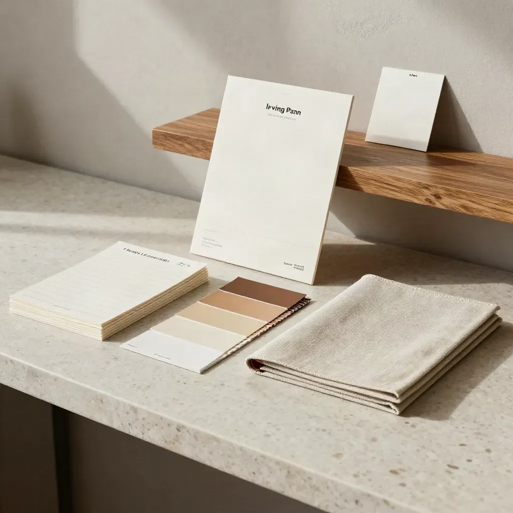 Kit identità di brand con campioni, cartoleria piegata e raccoglitore in lino su travertino.