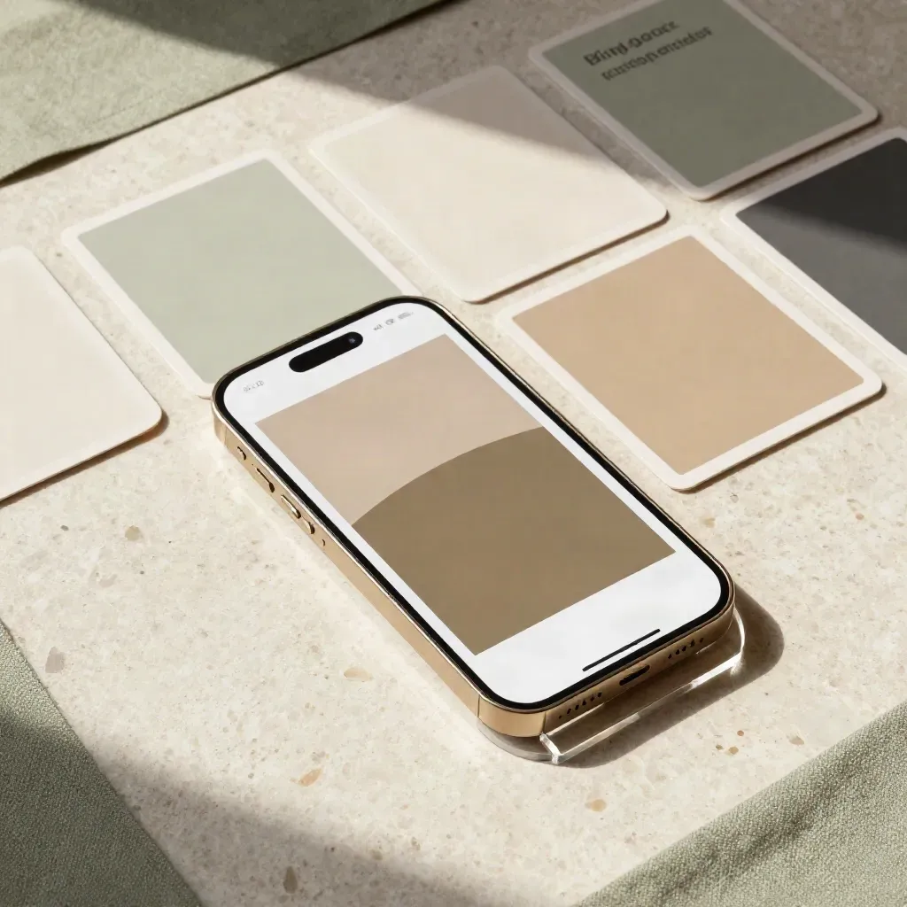 Flatlay di tile social stampate con distanziatori in acrilico e cornice phone-shaped su travertino.