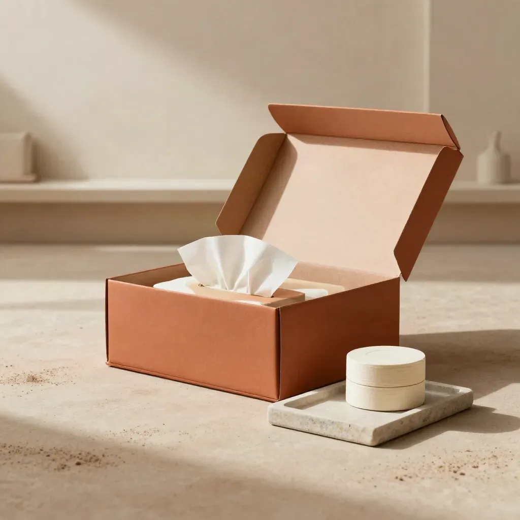 Scatole rigide aperte con tissue, vassoio in pietra e supporti per packaging in stile terracotta.