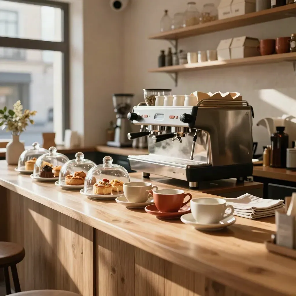 Bancone di caffè di quartiere con tazze in ceramica, macchina espresso e luce calda.