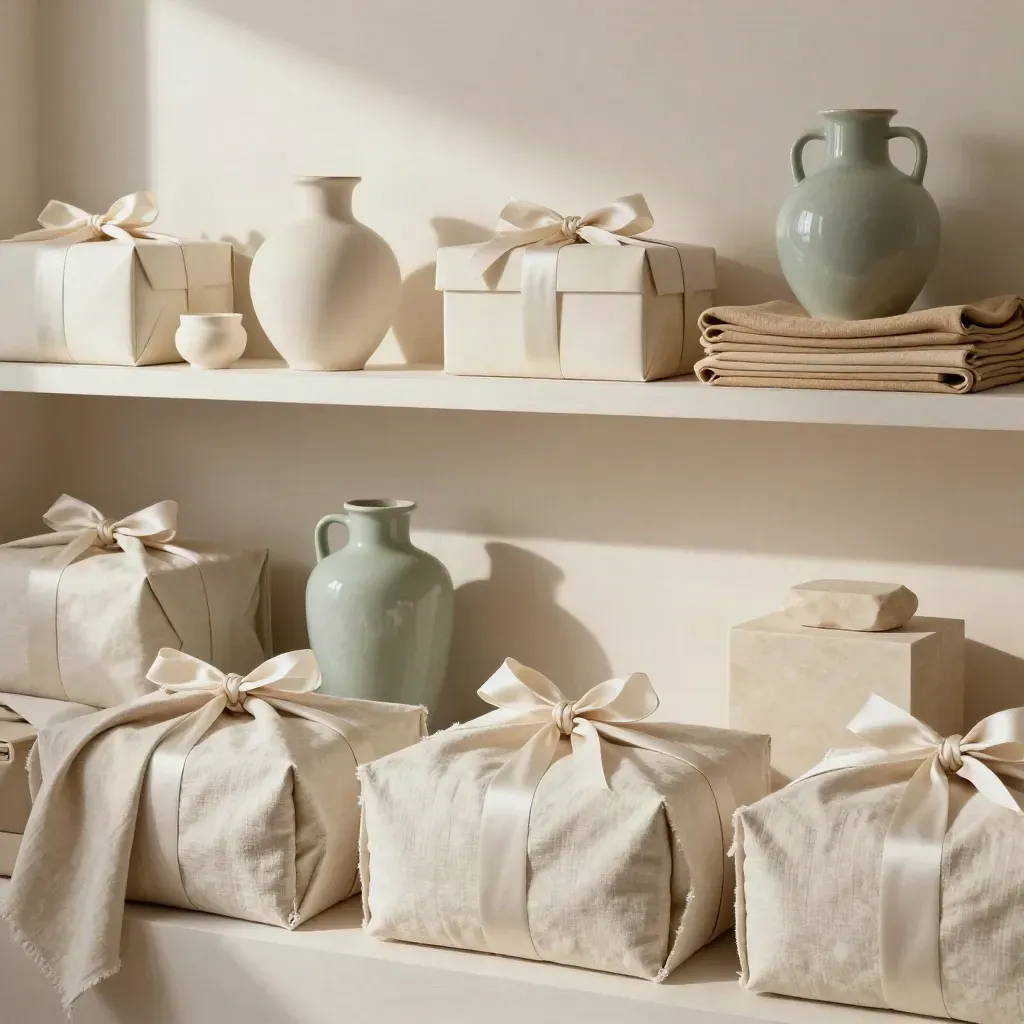 Allestimento editoriale di atelier con pacchi in lino, scatole con nastro e ceramiche salvia.