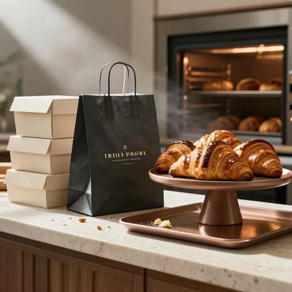 Vetrina di pasticceria con scatole, sacchetto e croissant su pietra chiara
