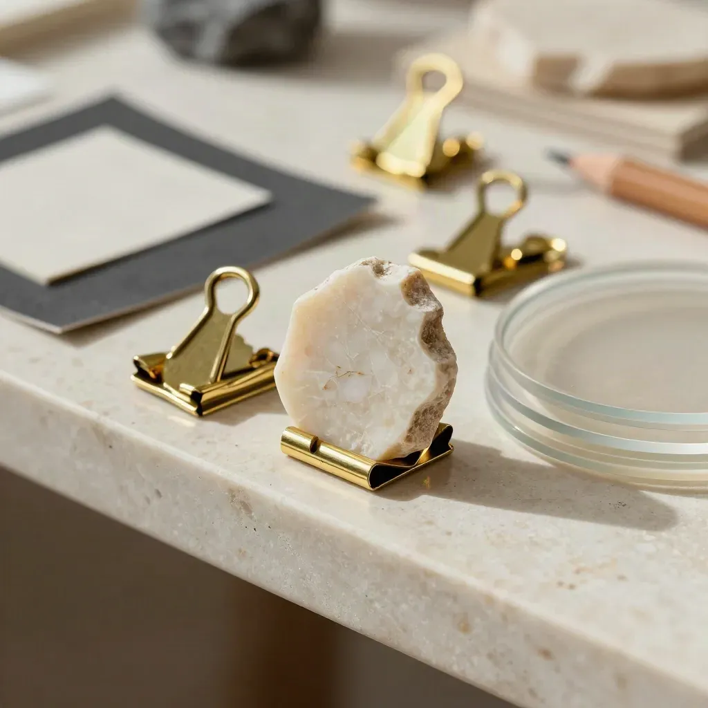 Kit di art direction con clip in ottone, swatch, frammento di travertino e acetati su banco studio