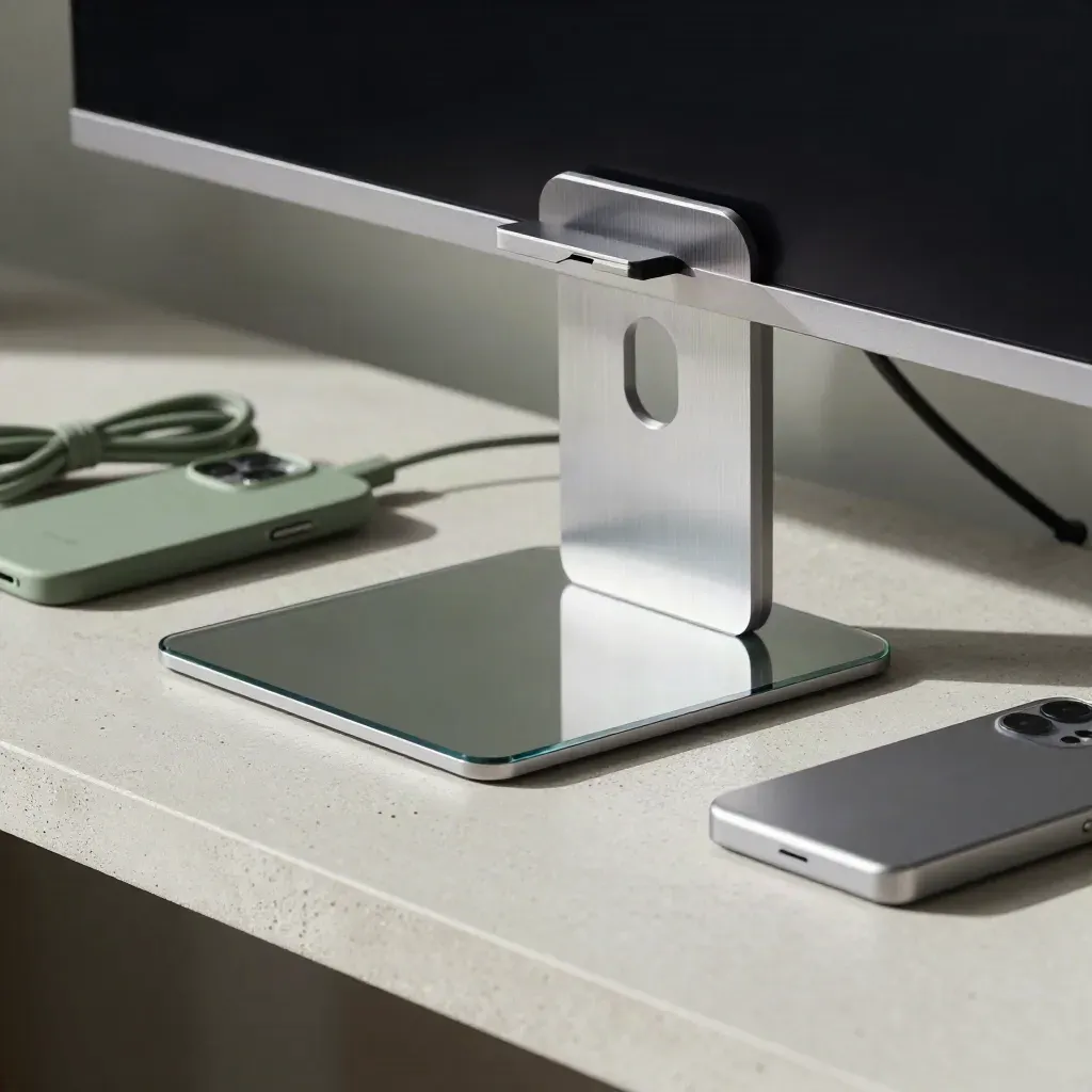 Kit hardware per web designer con supporto monitor, trackpad in vetro e gusci smartphone su cemento chiaro