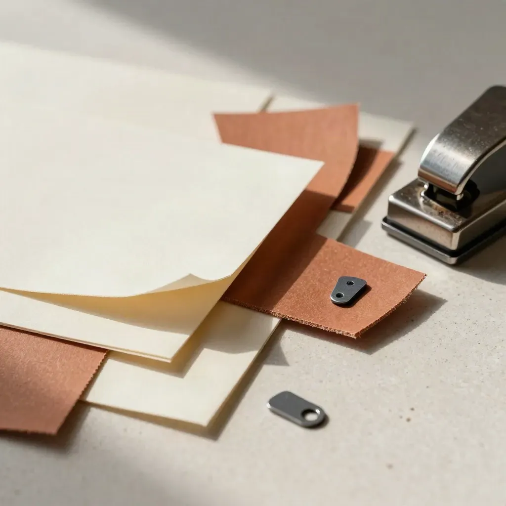 Forme di carta, clip e punzonatrice su banco chiaro in luce radente.
