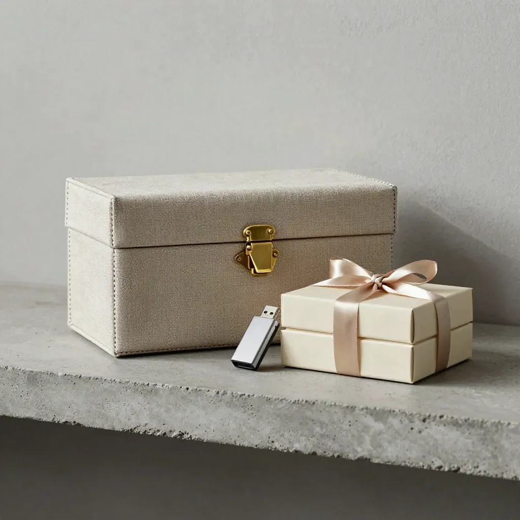 Case in lino, box campione sigillata, USB e bundle con nastro su mensola in pietra.