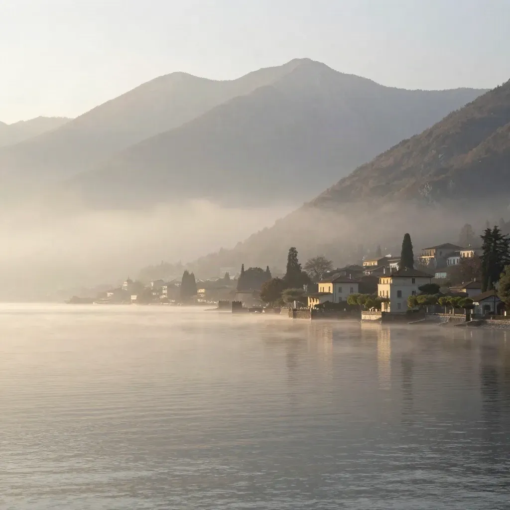 Vista del Lago di Como con ville lontane e Alpi nella nebbia del mattino