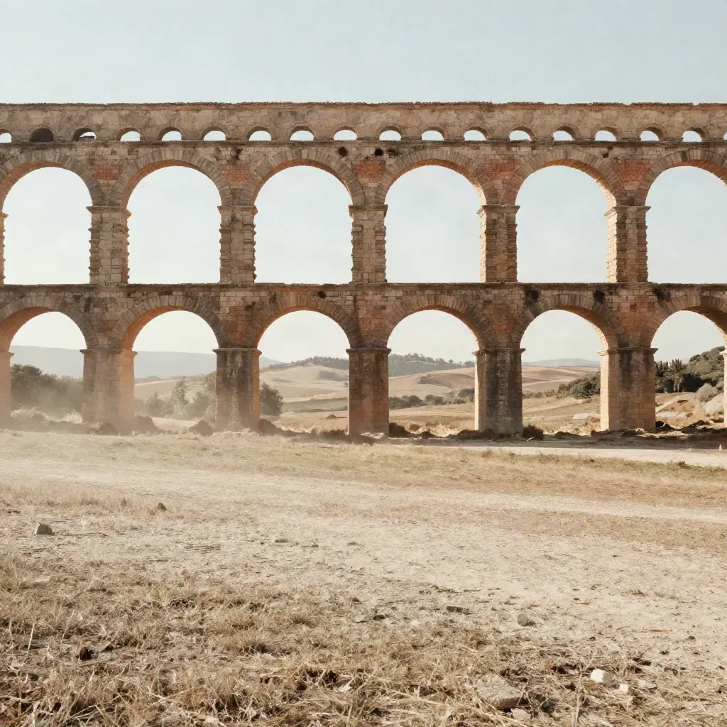 Acquedotto romano nel Lazio all’alba, con campi secchi e skyline lontano in luce calda.