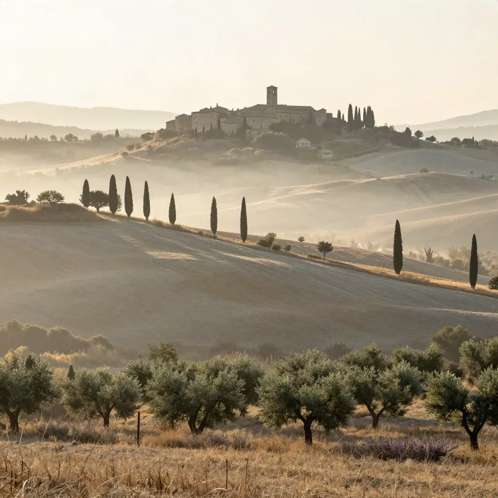 Colline della Val d’Orcia al tramonto, cipressi e borgo tra la nebbia