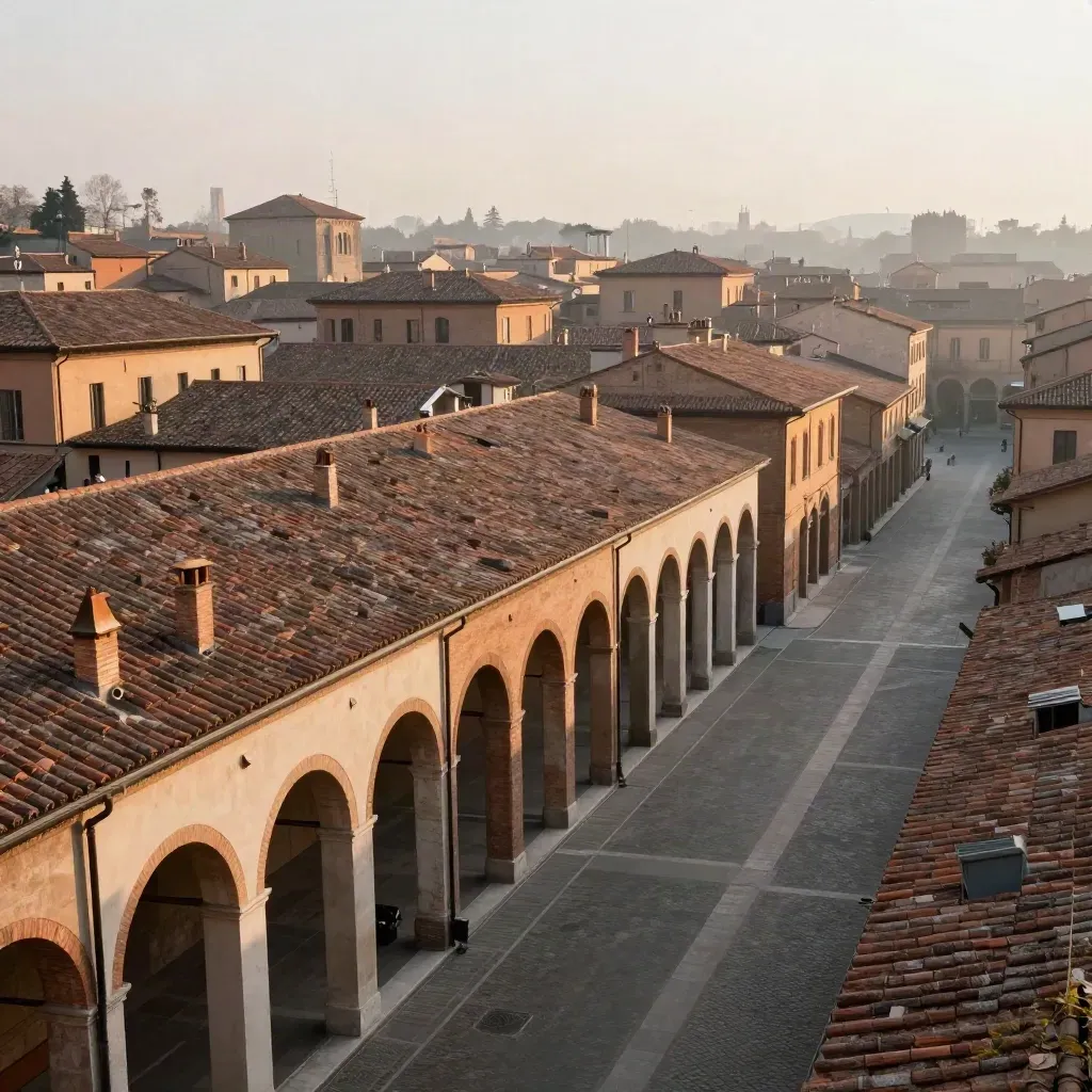 Tetti in laterizio e portici di Bologna nella luce calda, con spazio calmo per il testo.