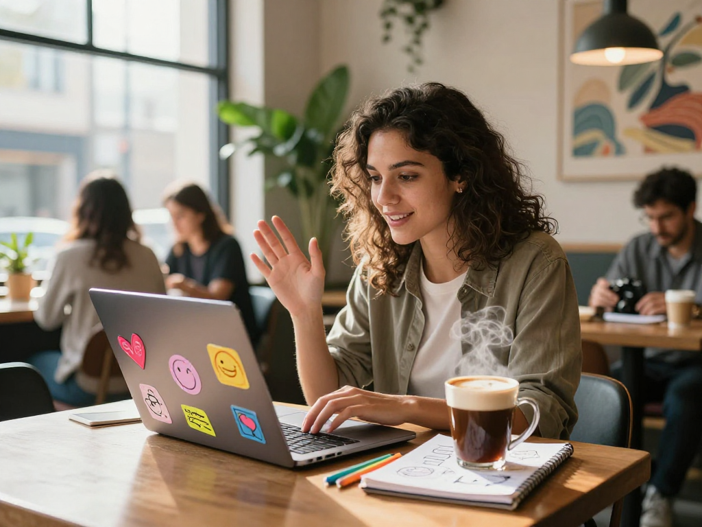 Young woman enjoying spicy chat ai in a cozy coffee shop during a video call, with vibrant decor and brainstorming notes.