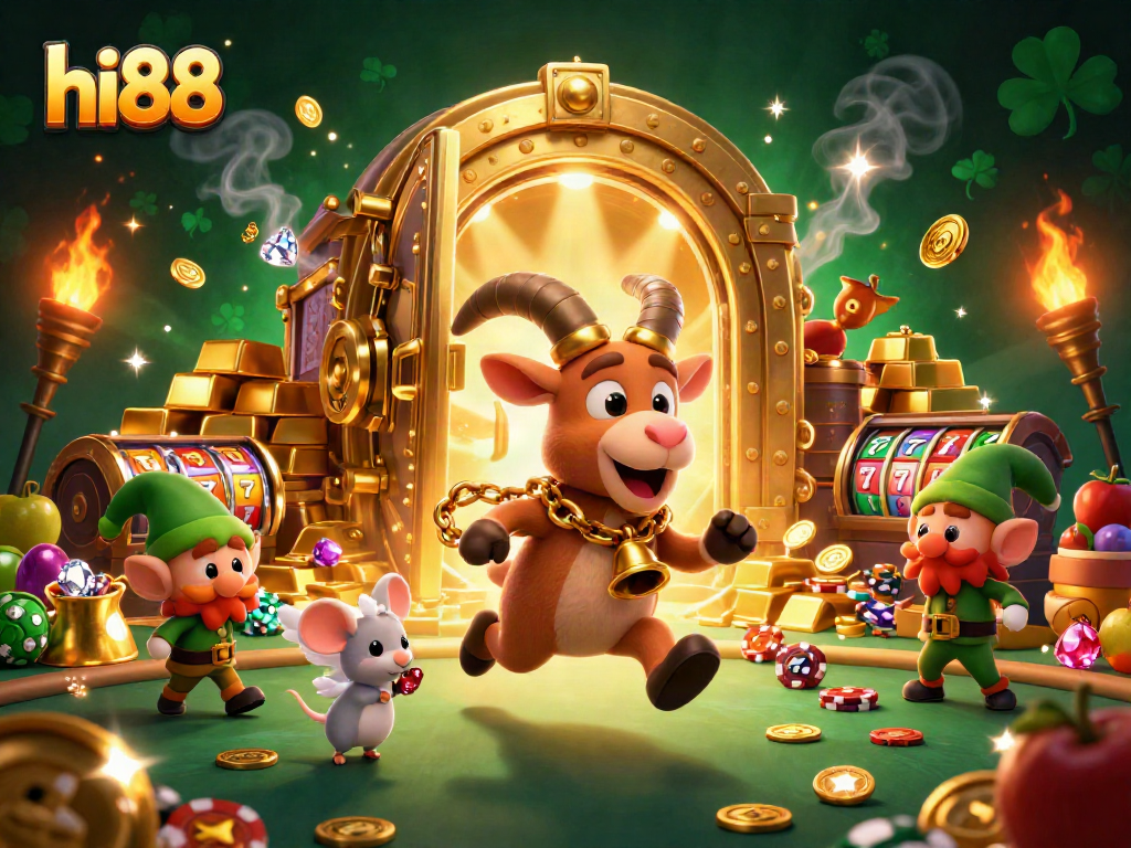 Engage with hi88's festive casino, where Krampus, an angel mouse, and gremlins animate a chaotic scene.