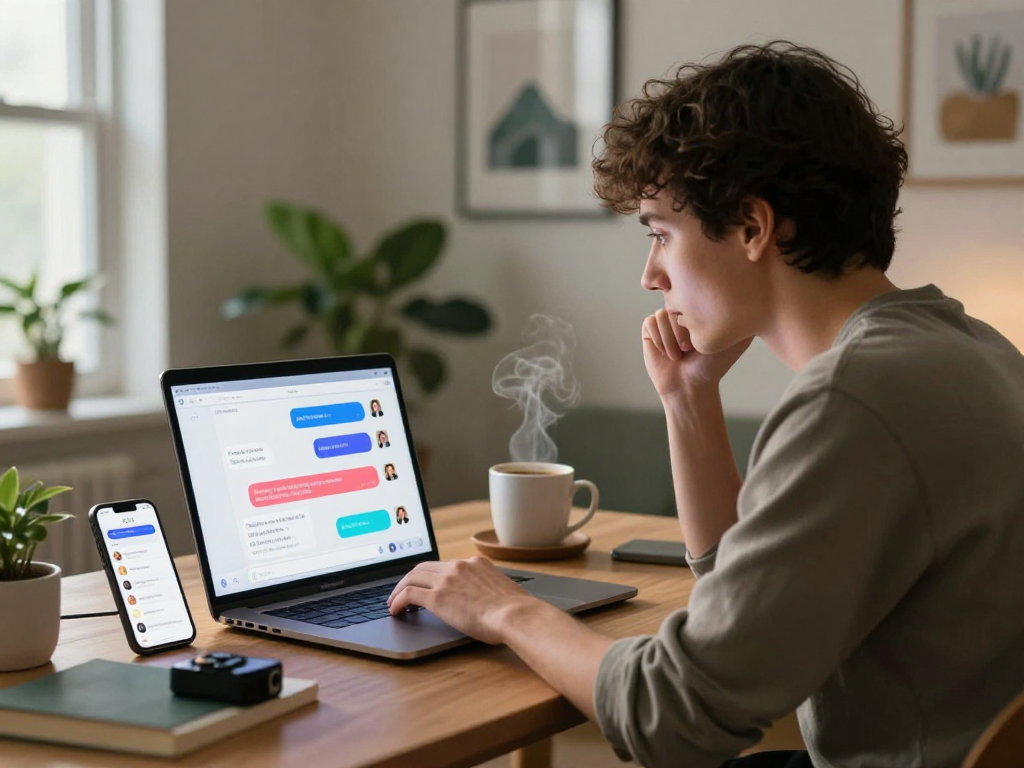 Engaging in dirty chat ai in a cozy home office with vibrant chat bubbles and AI responses