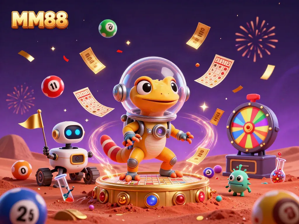 Experience MM88 action with an engaging Martian scene of a gecko discovering a vibrant casino.