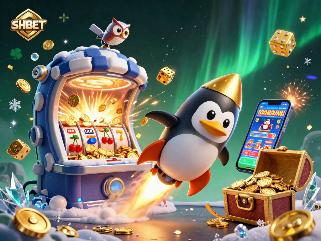 Experience SHBET's thrill with a cartoon penguin in casino space, surrounded by vibrant gambling elements.