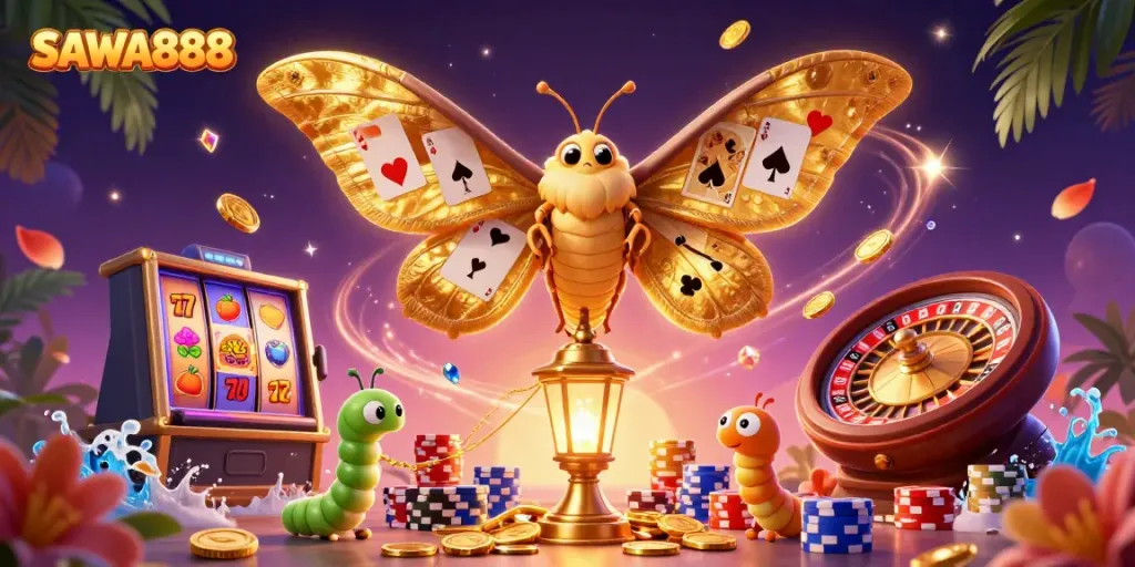 Experience thrilling gameplay with SAWA888, featuring a vibrant scene of a majestic moth, slot reels, and cascading gems.