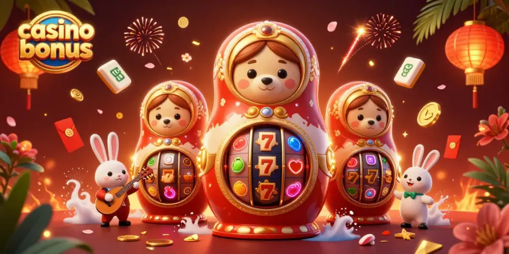 Unlock casino bonus opportunities with vibrant motifs and characters celebrating gaming.