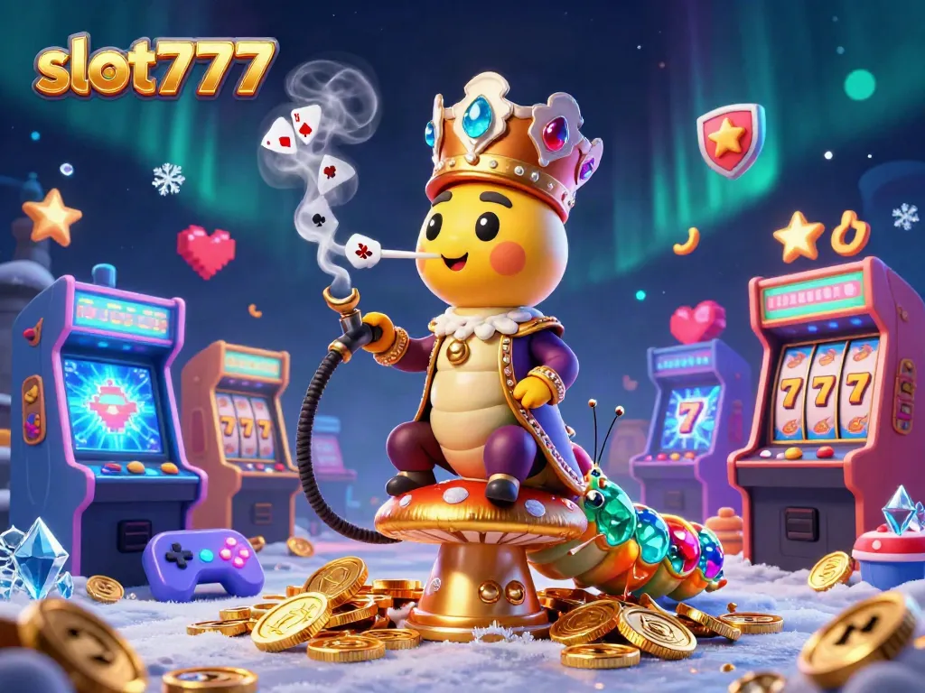 Spin the reels of slot777 in this vibrant casino-themed 3D illustration featuring a unique caterpillar character.