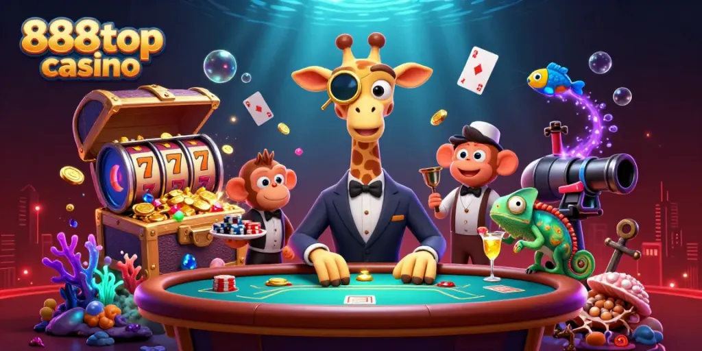Join the fun at 888top casino with a giraffe in a suit at a poker table, sparkling gold coins all around!