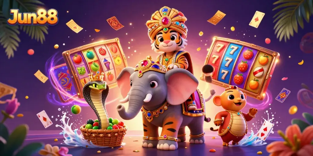 Spin the reels with Jun88 featuring a majestic elephant, a tiger, and a golden cobra surrounded by vibrant casino symbols.